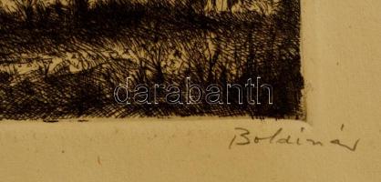 Boldizsár István (1897-1984): Falusi táj. Rézkarc, papír, jelzett, 20x34 cm