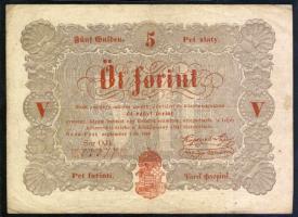 1848. 5Ft "Kossuth bankó" vörösbarna, "Pest" után nincs pont, "5"-ös értékszám erősen lefelé és jobbra csúszva T:II