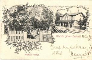 Marosludas, Ludus; vasútállomás, állomási vendéglő / railway station with restaurant. Art Nouveau, floral (EK)