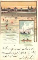 1899 Balatonfüred, Fürdőház, fürdőzők, csónakázók, gőzhajó. Bruchsteiner és Fia Art Nouveau litho (EK)