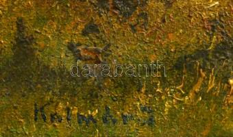 Kalmár jelzéssel: Fás táj. Olaj, vászon, sérült, fa keretben, 21x30 cm