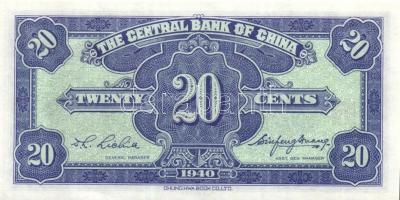 Kína/Central Bank of China 1940. 20c T:I