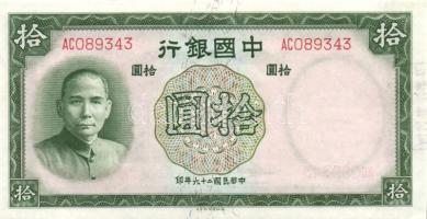 Kína/Central Bank of China 1937. 10Y hátlapi lila kínai bélyegzéssel T:I