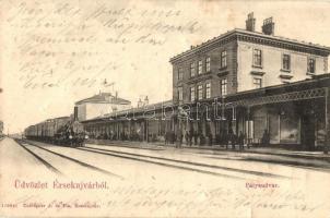 Érsekújvár, Nové Zámky; Vasútállomás, gőzmozdony. Conlegner J. és Fia kiadása / railway station, locomotive (felületi sérülés / surface damage)