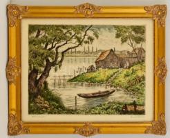 Conrad Gyula (1877-1959): Halásztanya, színezett rézkarc, papír, jelzett, üvegezett fa keretben, 29×39 cm