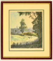 Kaveczky Zoltán (1897-1965): Dűlőút, színezett rézkarc, papír, jelzett, paszpartuban, üvegezett fa keretben, 25,5×23 cm