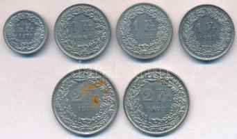 Svájc 1968-1989. 1/2Fr + 1Fr (3xklf) + 2Fr (2xklf) T:2 Switzerland 1968-1989. 1/2 Franc + 1 Franc (3xdiff) + 2 Francs (2xdiff) C:XF