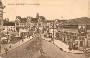 Lugos, Lugoj; Eötvös tér, híd, üzletek. Szidon József kiadása / square, bridge, shops (EK)