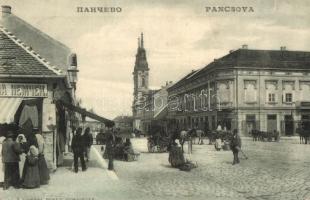 Pancsova, Pancevo; utcakép piaci árusokkal, Nemcek üzlete / street view with market vendors, shop