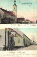 Erdővég, Erdevik; Szlovák templom, Fő utca, Sch. József órás üzlete / Slovakian church, main street, watch shop (EK)