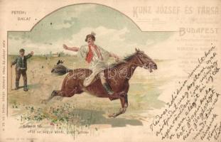 Kunz József és Társa cs. és kir. udvari szállítók és MKSZ nagykereskedők reklámlapja és saját kiadásuk. Petőfi Dalai Lopott ló / Hungarian wholesalers advertisement, litho