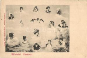 Kassa, Kosice; Üdvözlőlap hölgyekkel. László Béla kiadása, Kemény felvétele / greeting card with ladies (kis szakadás / small tear)