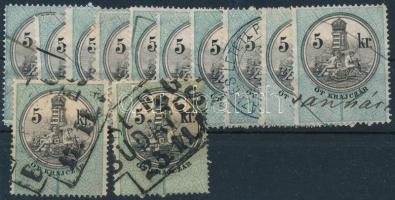 Több, mint 120 db 1868-as okmánybélyeg klf fogazatokkal, lemezhibák is, 5 db stecklapon