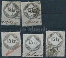 37 db 1859/1863-as 15kr okmánybélyeg klf fogazásokkal, méretekkel 3 db stecklapon