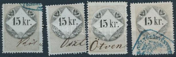 37 db 1859/1863-as 15kr okmánybélyeg klf fogazásokkal, méretekkel 3 db stecklapon
