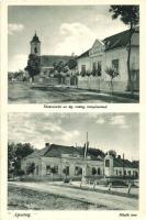 Apostag, utcakép, Evangélikus templom, Hősök tere, Országzászló, Dunaföldvári Népbank. Bencze Nővérek kiadása