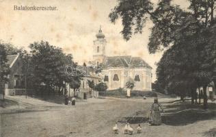 Balatonkeresztúr, Fő utca, templom. Mérei Ignác kiadása (fl)