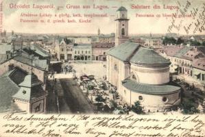Lugos, Lugoj; görög katolikus templom, piac árusokkal / church with market vendors (fl)