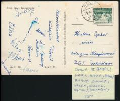 1955 a Dorogi Bányászok tagjainak (Pálmai, Pozsonyi, Buzánszky, stb.) aláírásai levelezőlapon
