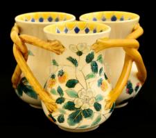 Lőwinger Telka (?-?): Hármas kapcsos váza. Kézzel festett mázas kerámia, jelzett, apró kopás nyomokkal, m:8,5 cm d:11,5 cm