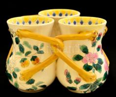 Lőwinger Telka (?-?): Hármas kapcsos váza. Kézzel festett mázas kerámia, jelzett, apró kopás nyomokk...