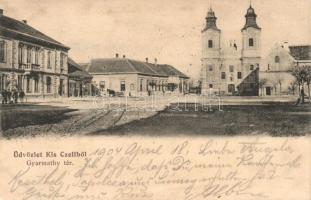 1904 Celldömölk, Kiscell; Gyarmathy tér, templom, üzletek. Radó J. kiadása (EK)