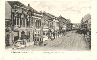 Miskolc, Széchenyi utca, Langer Sámuel üzlete, villamos
