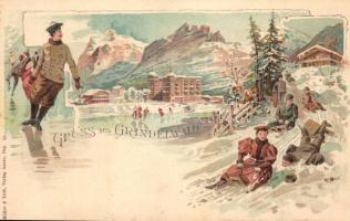 Gruss aus Grindelwald / Winter sport, ice skating and sledding. Müller & Trüb 58. Art Nouveau, litho