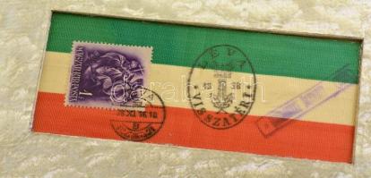 1938 Léva visszatért, nemzetiszín szalag, bélyegzésekkel, visszatért bélyegzéssel, 1 f. bélyeggel, k...