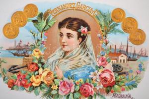 14 db szivardoboz címke, többségében lithók, dombonyomottak és aranyozottak,14x15 cm és 17x23 cm köz...