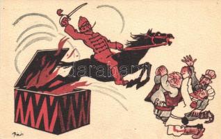 Humoros világháborús grafikai lap. Magyar krampusz huszár az Antant hatalmak ellen. kiadja a Magyar Földrajzi Intézet Rt. / Austro-Hungarian Krampus hussar. Anti-Triple Entente propaganda card s: Bíró