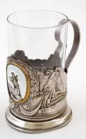 Orosz teás pohár, üveg betéttel, a fém részen porcelán dísszel, rajta Nagy Péter lovas ábrázolásával, m: 12 cm