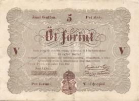 1848. 5Ft "Kossuth bankó" barna (9x) kézzel értéktelenítve, benne értékszám elcsúszások T:...