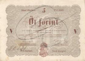 1848. 5Ft "Kossuth bankó" barna (9x) kézzel értéktelenítve, benne értékszám elcsúszások T:...