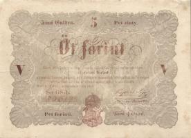 1848. 5Ft "Kossuth bankó" barna (9x) kézzel értéktelenítve, benne értékszám elcsúszások T:...