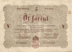 1848. 5Ft "Kossuth bankó" barna (5x) benne értékszám elcsúszás, "florini" szóban "ll" téves betű T:restaurált