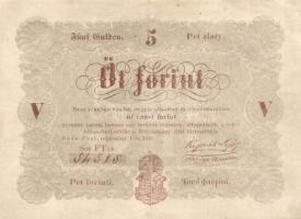 1848. 5Ft "Kossuth bankó" barna (5x) benne értékszám elcsúszás, "florini" szóban...