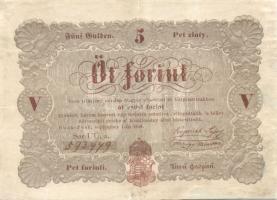 1848. 5Ft "Kossuth bankó" barna (5x) benne értékszám elcsúszás, "florini" szóban...
