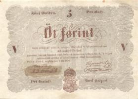 1848. 5Ft "Kossuth bankó" barna (5x) benne értékszám elcsúszás, "florini" szóban...