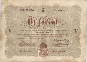 1848. 5Ft "Kossuth bankó" barna (5x) benne értékszám elcsúszás, "florini" szóban...
