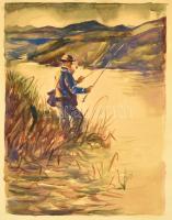 Fényes jelzéssel: Horgász. Akvarell, papír, 40×30 cm