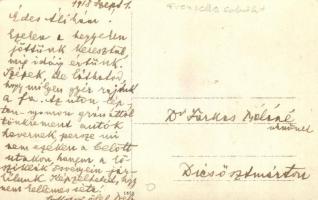 1918 Kilőtt teherkocsi / WWI Austro-Hungarian K.u.K. soldier by a destroyed freight car. photo (EK)