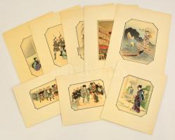 Jelzés nélkül: Nipponi életképek, 8 db színes japán fametszet, papír, paszpartuban, különböző méretben