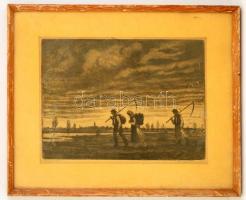 Conrad Gyula (1877-1959): Hazatérés. Rézkarc, papír, jelzett, szakadással, üvegezett fa keretben, 21...