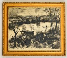 Iván Szilárd (1912-1988): Dunaág. Rézkarc, papír, jelzett, üvegezett keretben, 29×38 cm