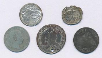 5db-os vegyes magyar és külföldi rossz tartású ezüstpénz tétel T:2-,3 ly. 5pcs of various silver coins in bad condition C:VF,F hole