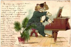 1899 Cat pianist playing the piano. Theo Stroefers Kunstverlag. Aquarell-Postkarte Serie V. No. 5276. litho (EK)