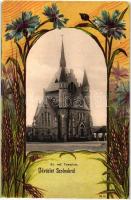 Szolnok, Evangélikus templom. Bakos István kiadása, virágos Art Nouveau litho keret (EK)