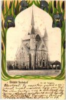 1900 Szolnok, Református templom. Szecessziós, Art Nouveau, floral, litho keret. Bakos István kiadása (EK)