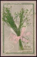 1908 Boldog Pünkösdi Ünnepeket! / Pentecost greeting card with ribbon and real flowers. Emb. litho frame (EK)
